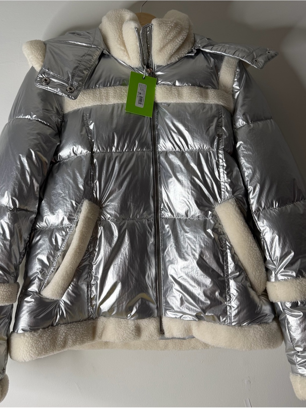 Sam Edelman Silver Metallic Puffer Jacket with Cream Sherpa Trim